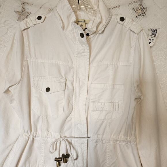 Marci Small Women 100% White Cotton Cargo Jacket Snap Buttons Tie Waist Utility - Picture 3 of 9